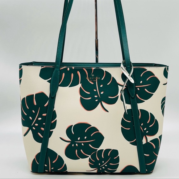kate spade Handbags - Kate Spade Cara Monstera Leaves Printed Refined Grain Leather Large Tote Bag